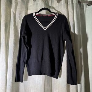 Denver Hayes Black V-Neck Sweater with White Accents